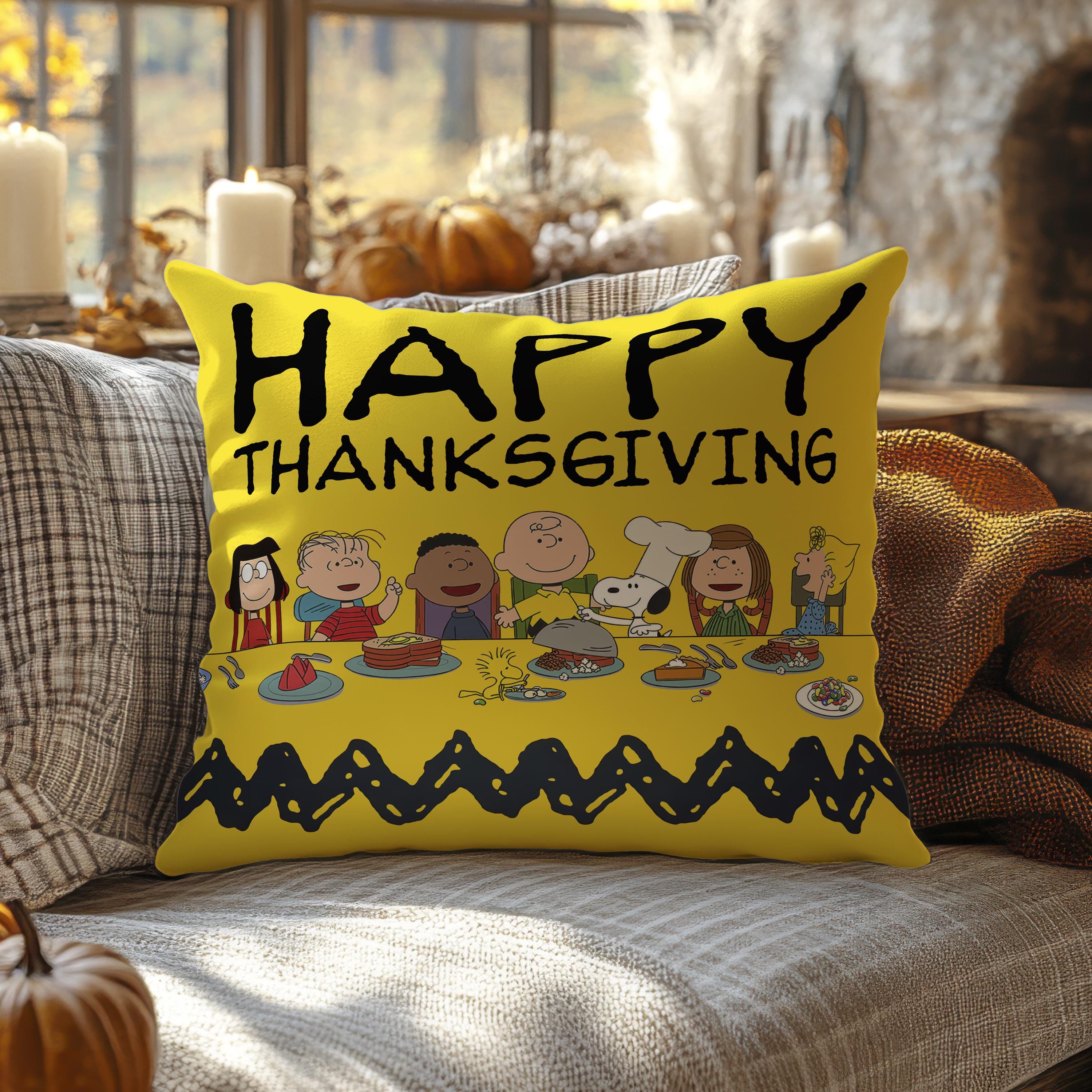 Charlie Brown Thanksgiving Pillow: Yellow Peanuts Faux Suede Cushion