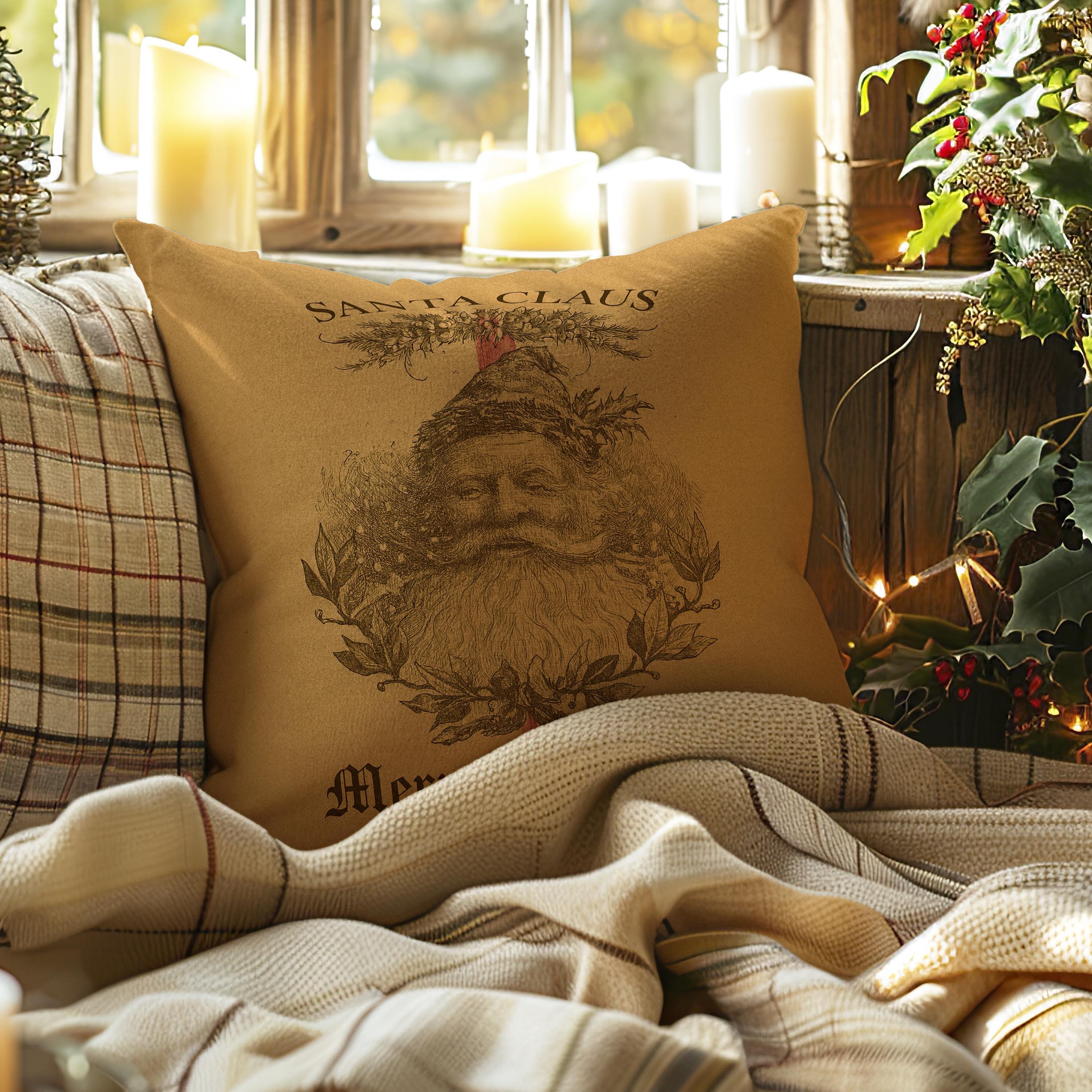 Antique Santa Faux Suede Pillow: Rustic Christmas Throw -  Seasonal Accent Cushion