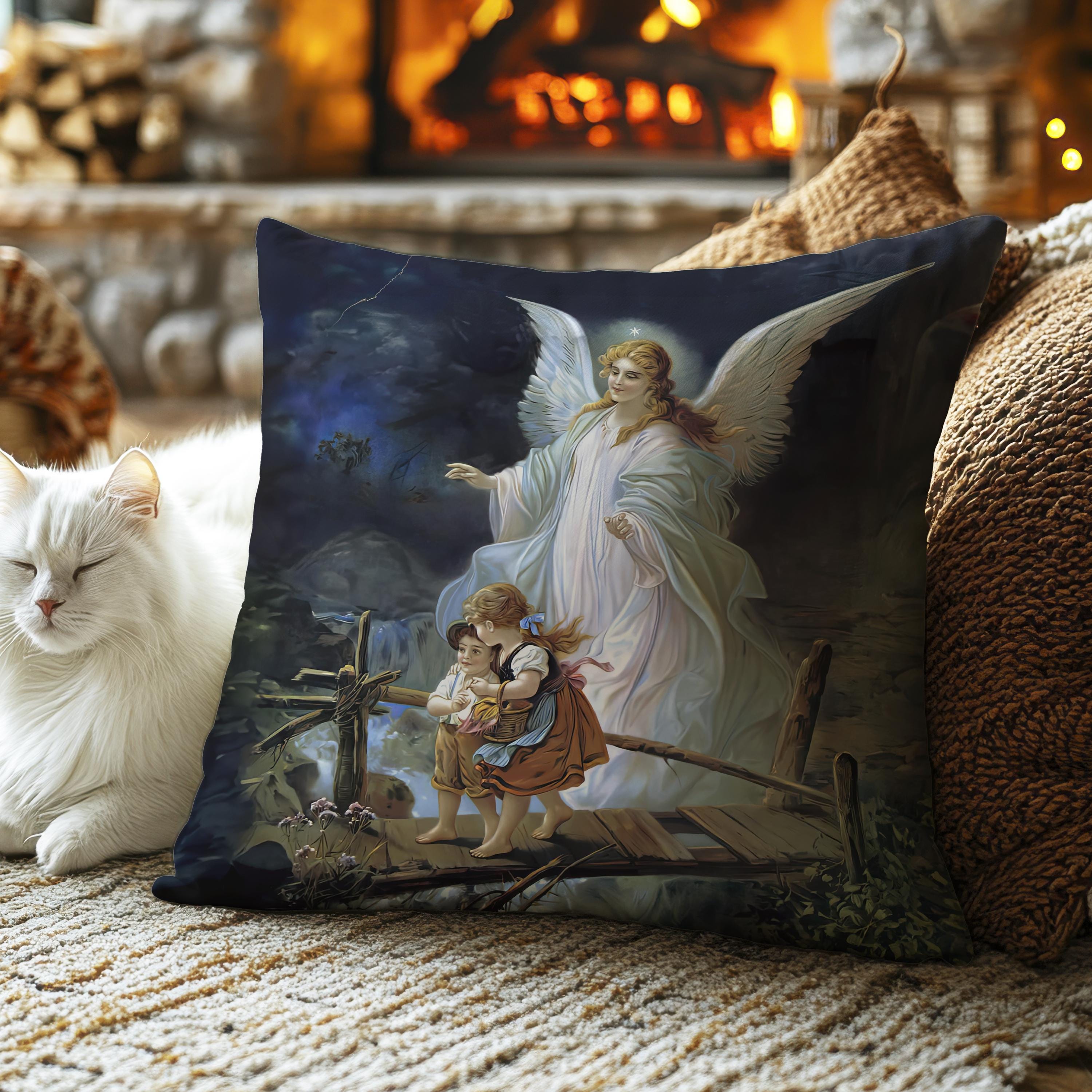 Guardian Angel Pillow – Vintage Religious Faux Suede Accent Cushion – Angel Protecting Children – Spiritual Throw Cushion – Christmas