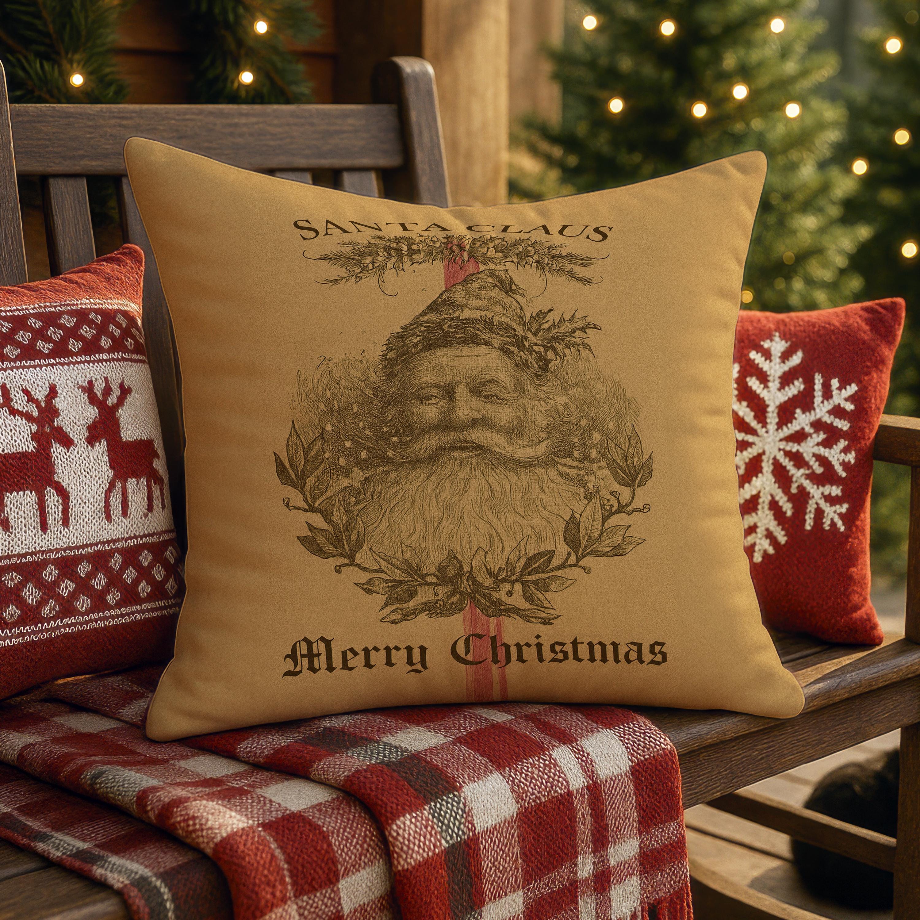 Antique Santa Faux Suede Pillow: Rustic Christmas Throw -  Seasonal Accent Cushion