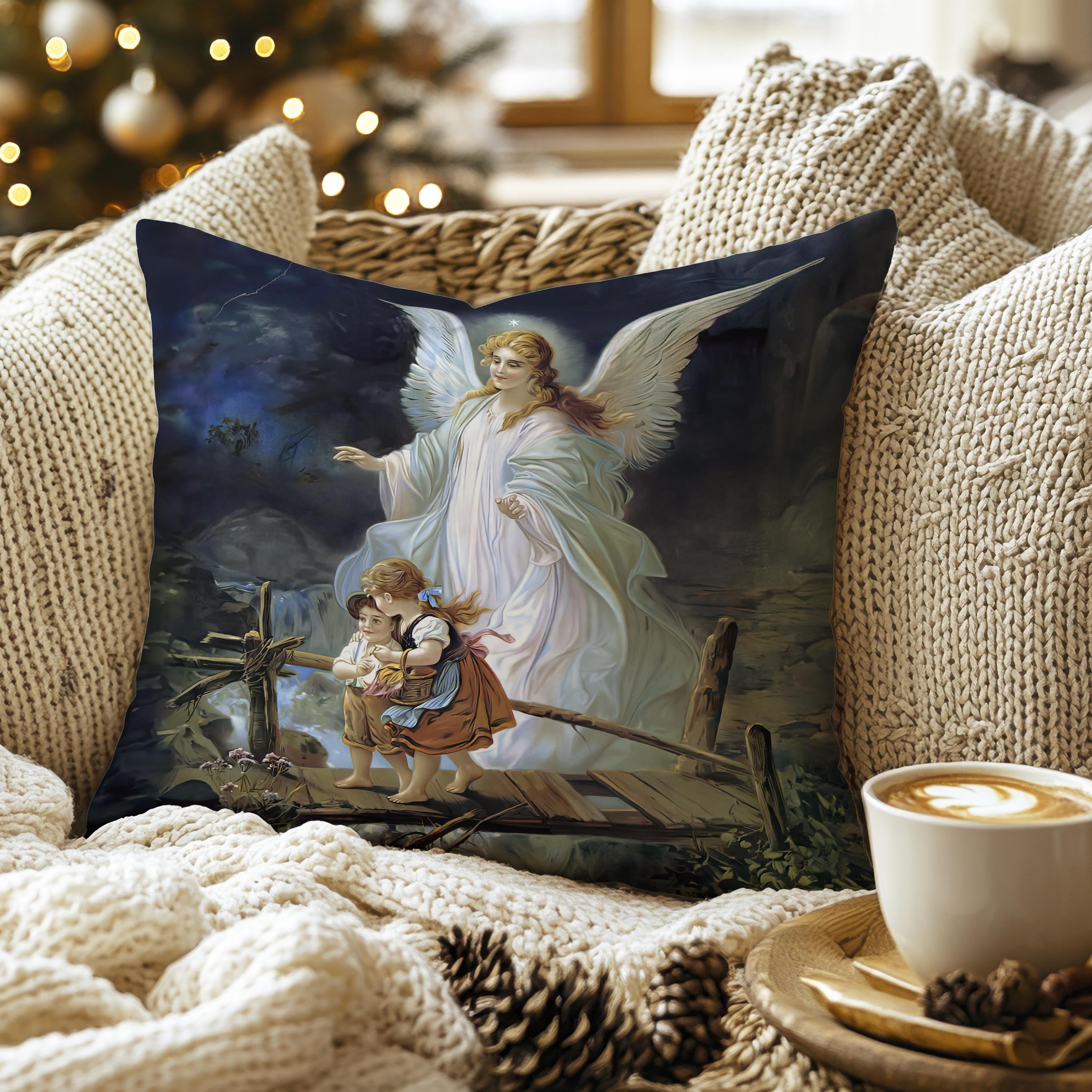 Guardian Angel Pillow – Vintage Religious Faux Suede Accent Cushion – Angel Protecting Children – Spiritual Throw Cushion – Christmas
