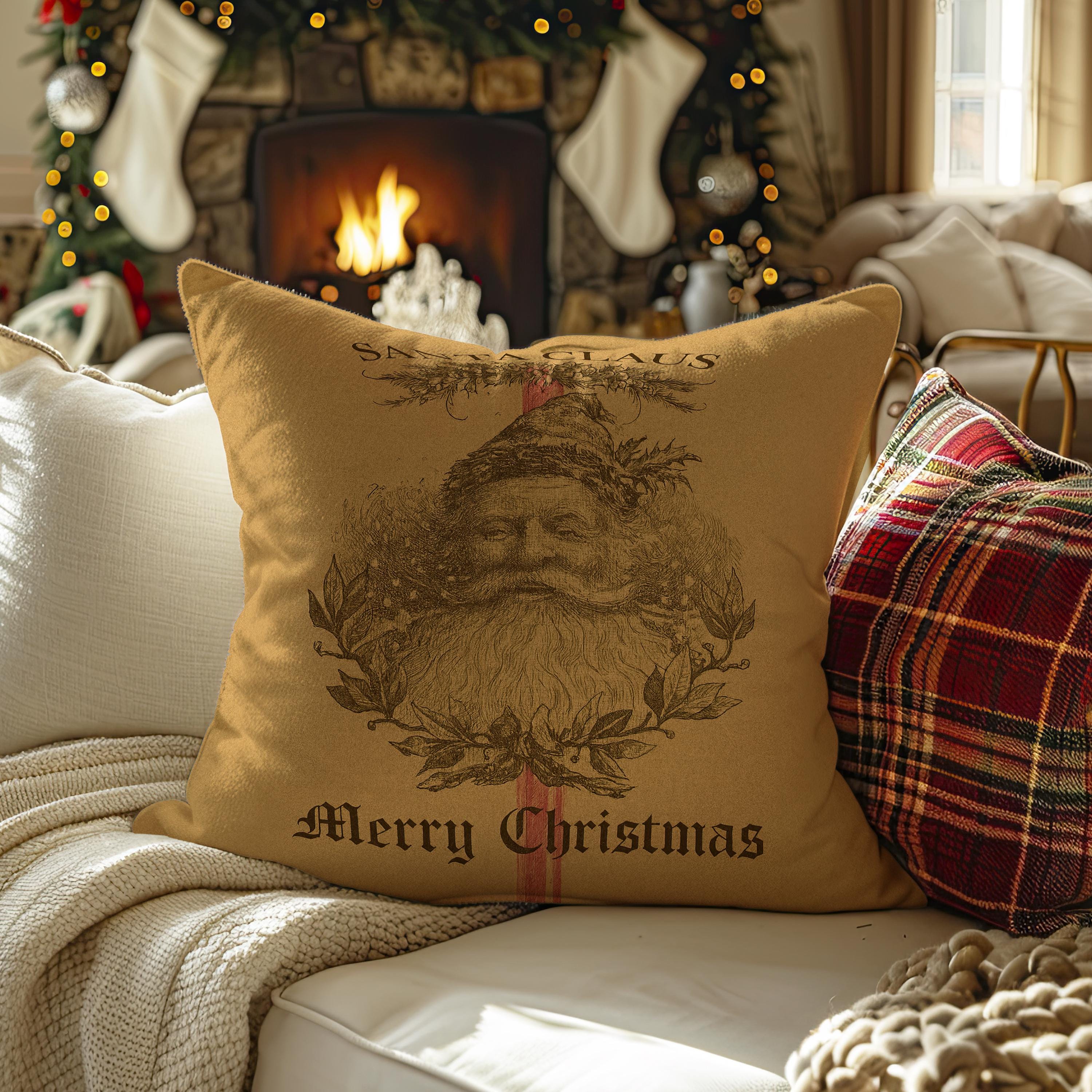 Antique Santa Faux Suede Pillow: Rustic Christmas Throw -  Seasonal Accent Cushion