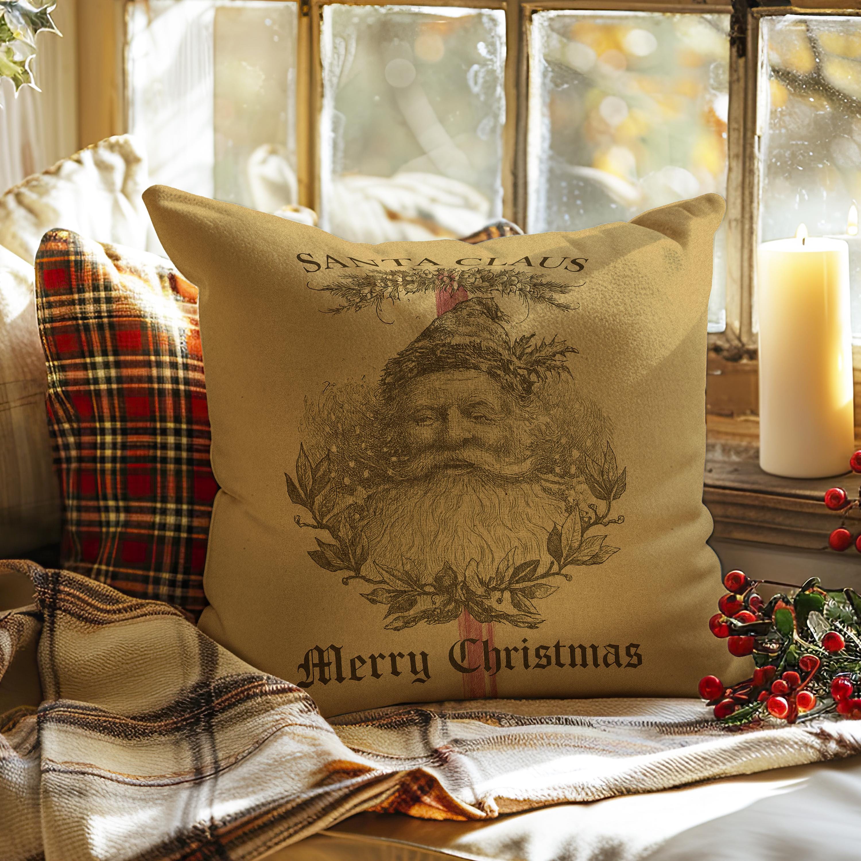 Antique Santa Faux Suede Pillow: Rustic Christmas Throw -  Seasonal Accent Cushion