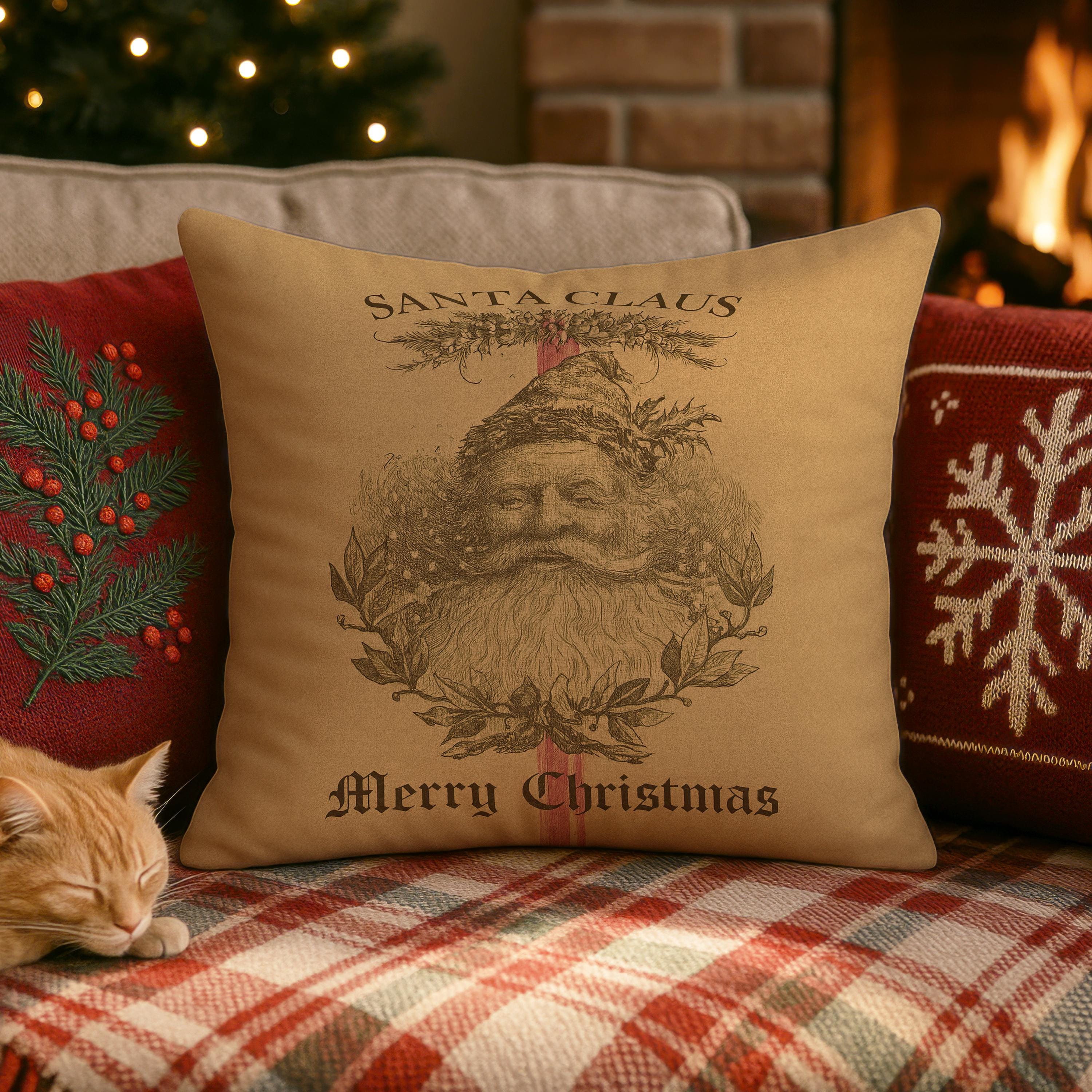 Antique Santa Faux Suede Pillow: Rustic Christmas Throw -  Seasonal Accent Cushion