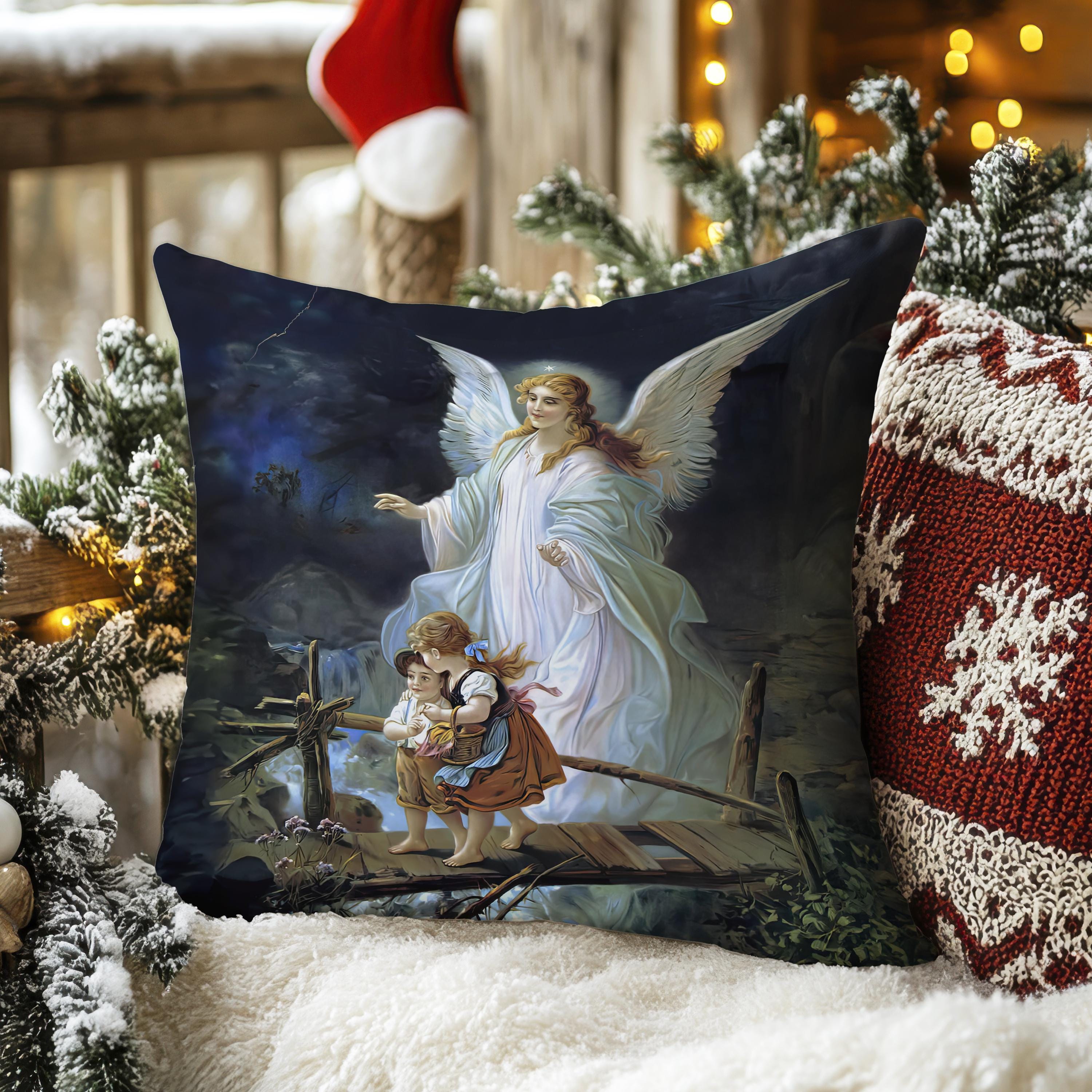 Guardian Angel Pillow – Vintage Religious Faux Suede Accent Cushion – Angel Protecting Children – Spiritual Throw Cushion – Christmas