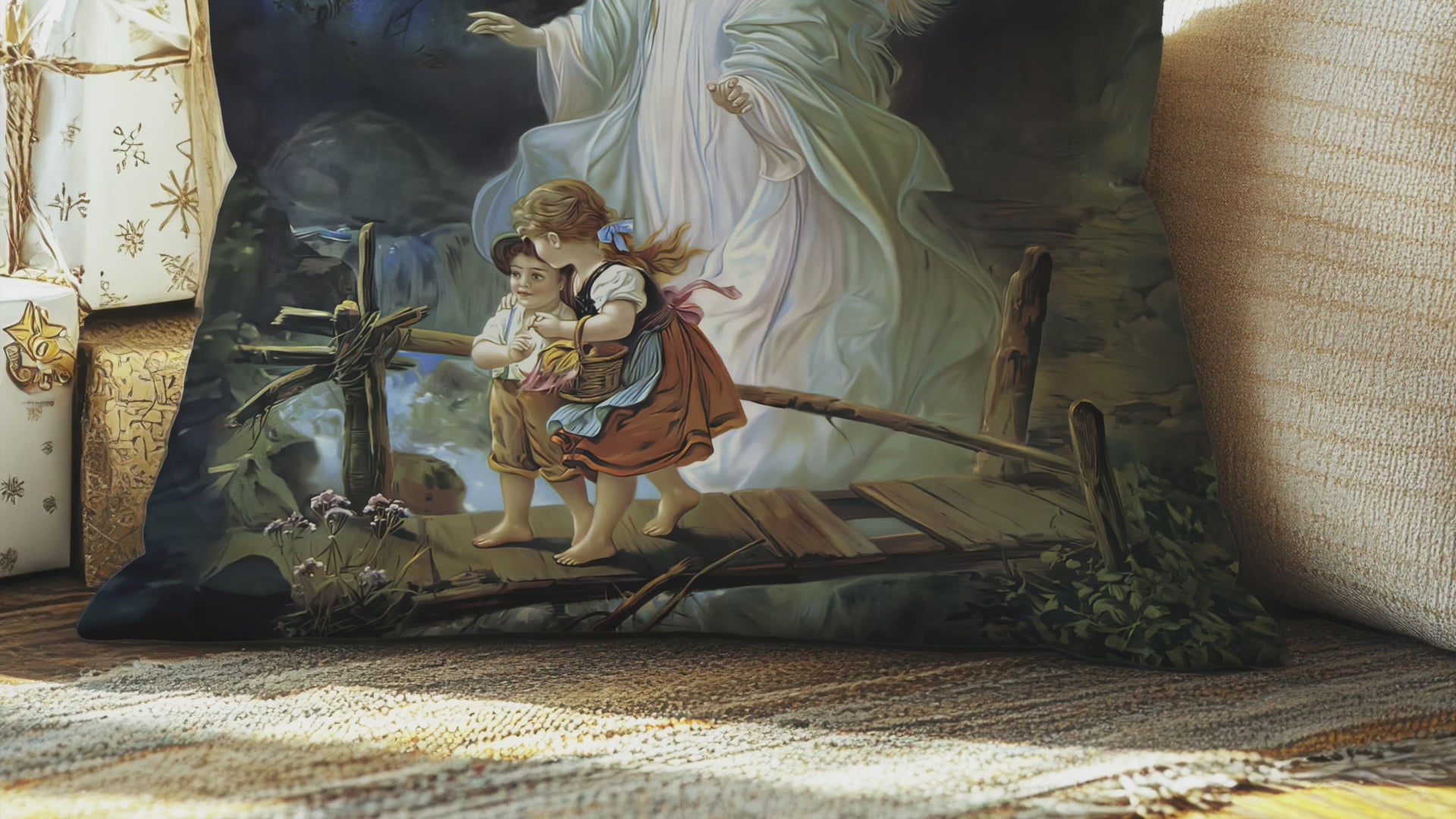 Guardian Angel Pillow – Vintage Religious Faux Suede Accent Cushion – Angel Protecting Children – Spiritual Throw Cushion – Christmas